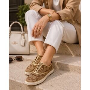 Coach Audrina Khaki Gold Signature Monogram Canvas Low Top Sneakers 7.5